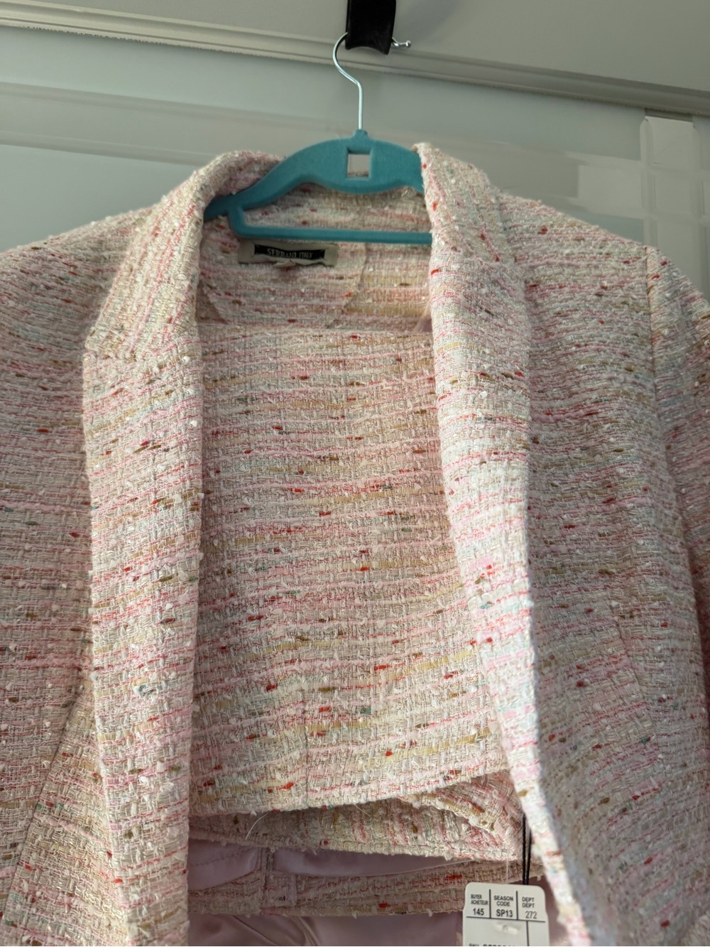 Serra Light Pink Tweed Collarless Blazer with Multicolor Fleck with skirt